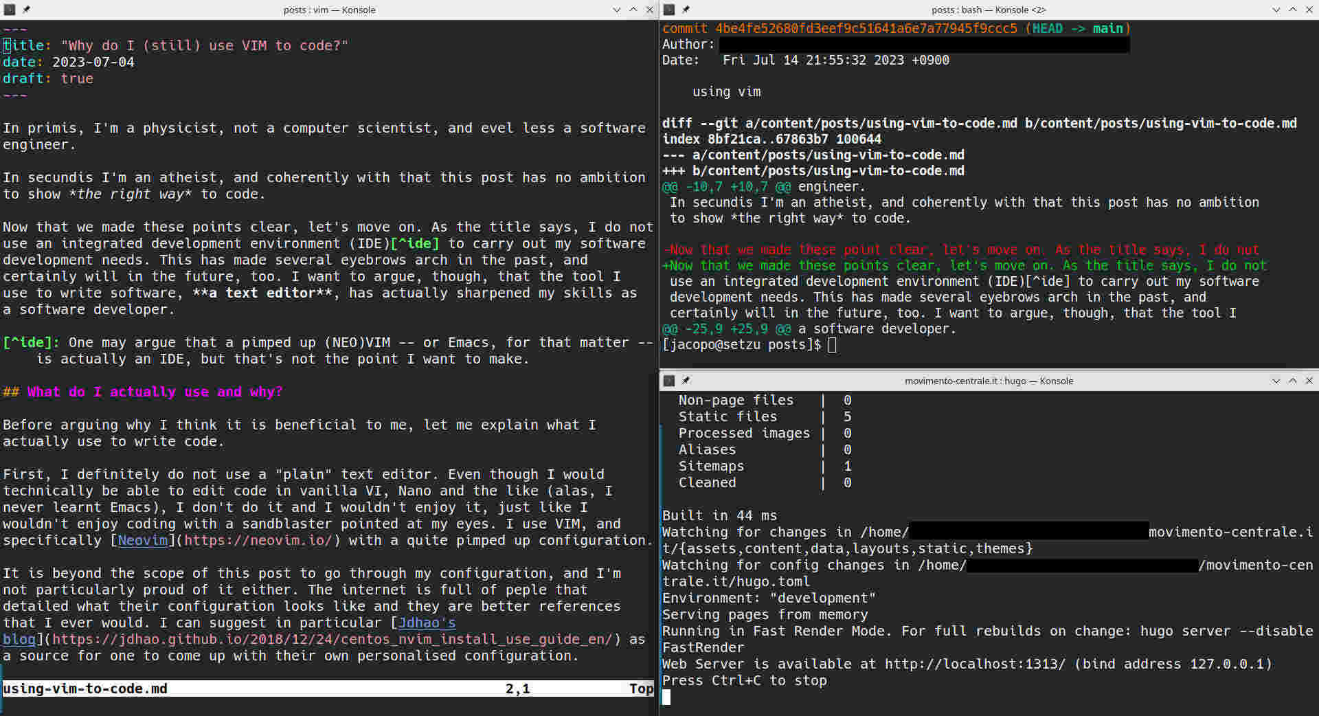 A screenshot of a VIM window and two terminals side byside